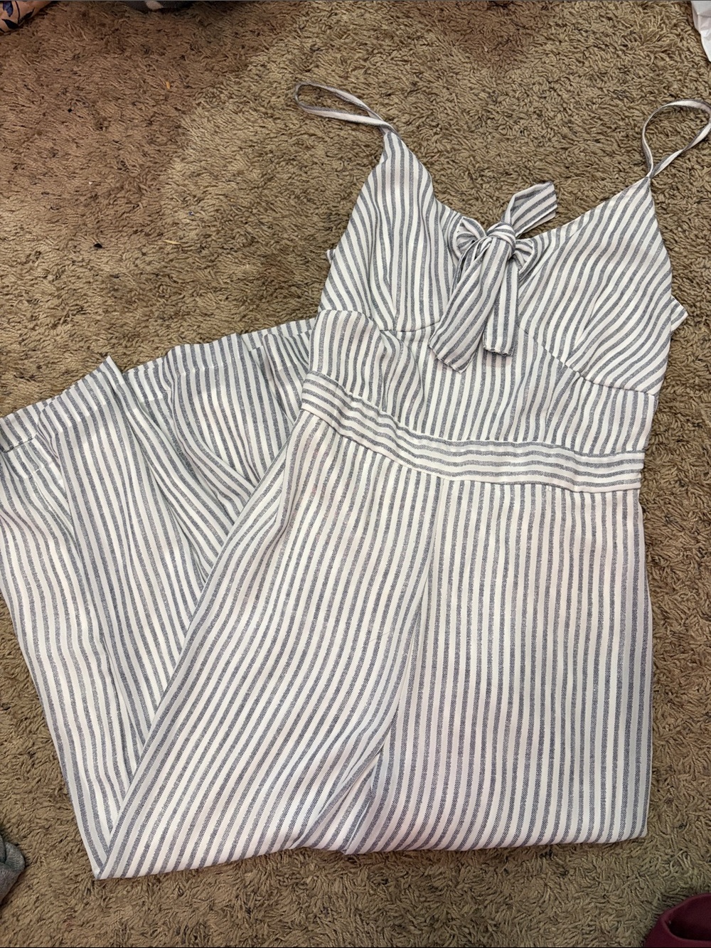 Japna Blue and White Striped Jumpsuit with Tie Front